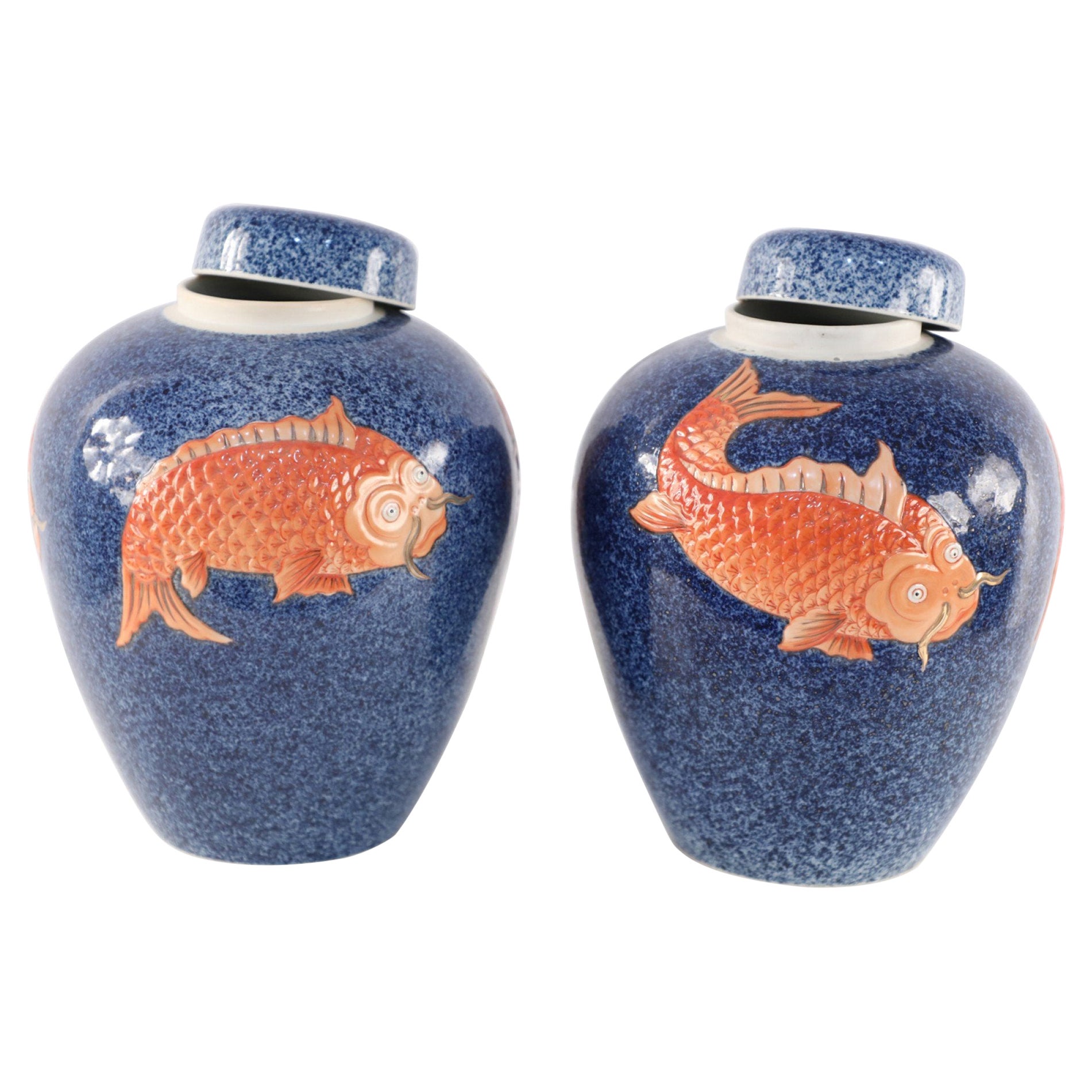 Pair of Chinese Blue and Orange Fish Design Lidded Porcelain Jars For Sale
