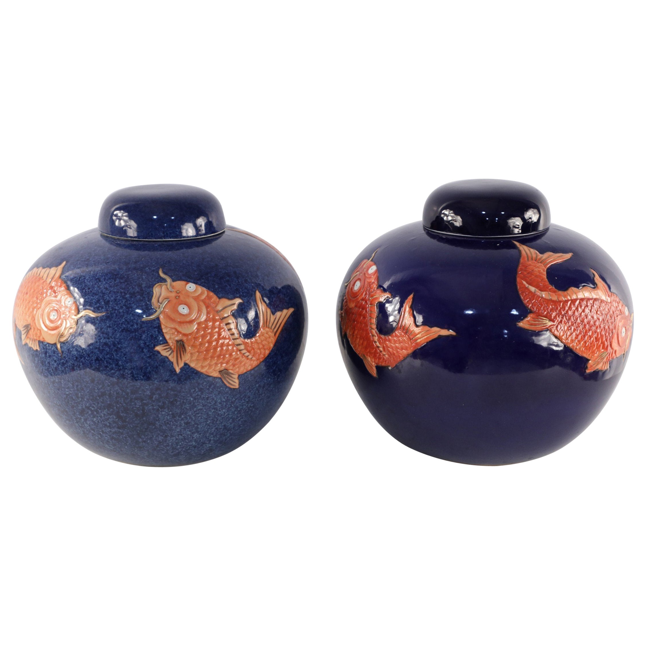 Chinese Blue and Orange Fish Design Round Lidded Porcelain Jars
