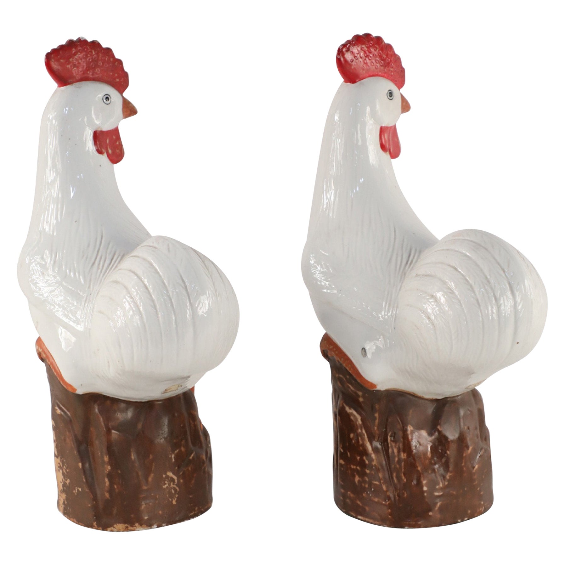 Pair of Chinese Mid-Century White Porcelain Chickens For Sale