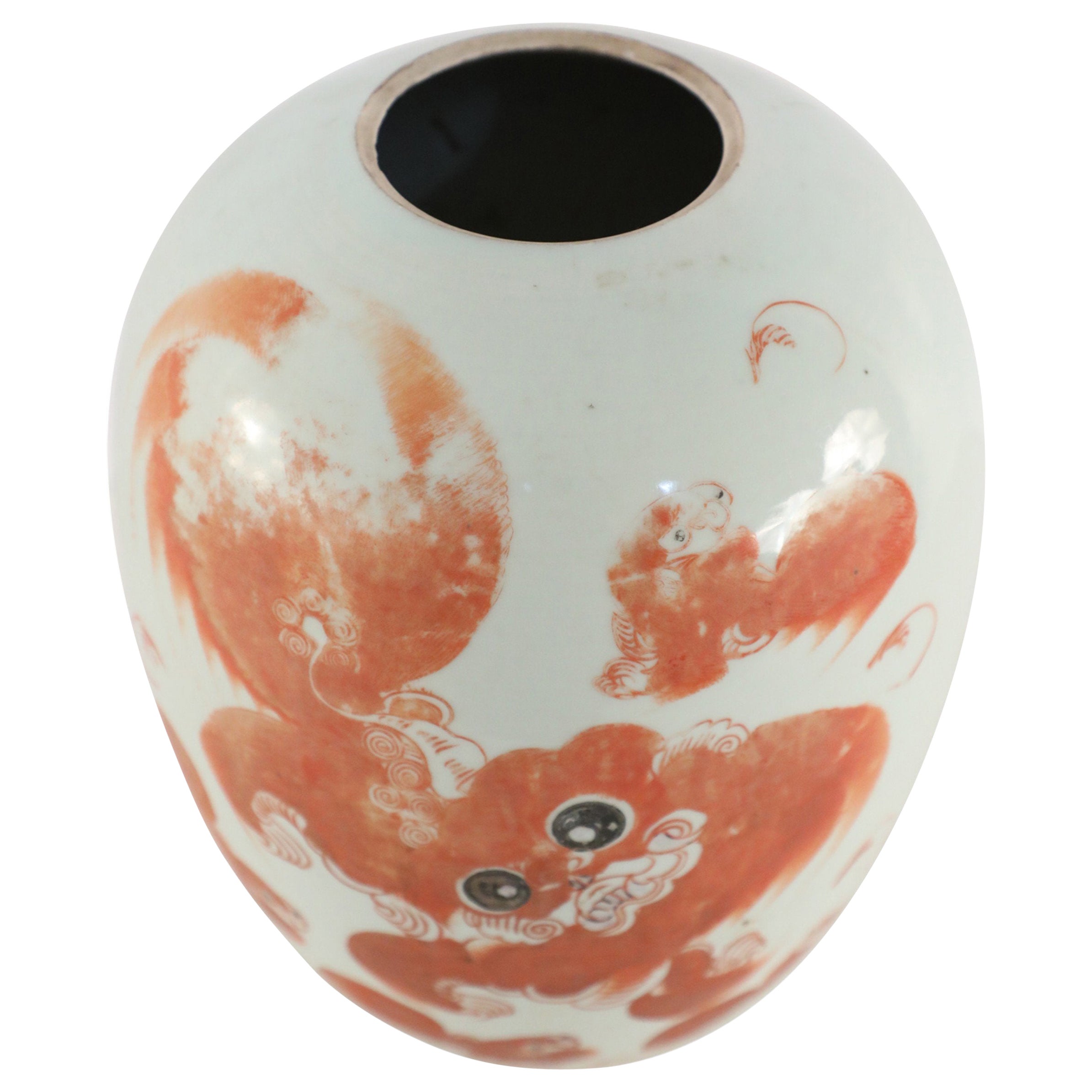 Chinese White and Orange Foo Dog Design Winter Melon Porcelain Jar