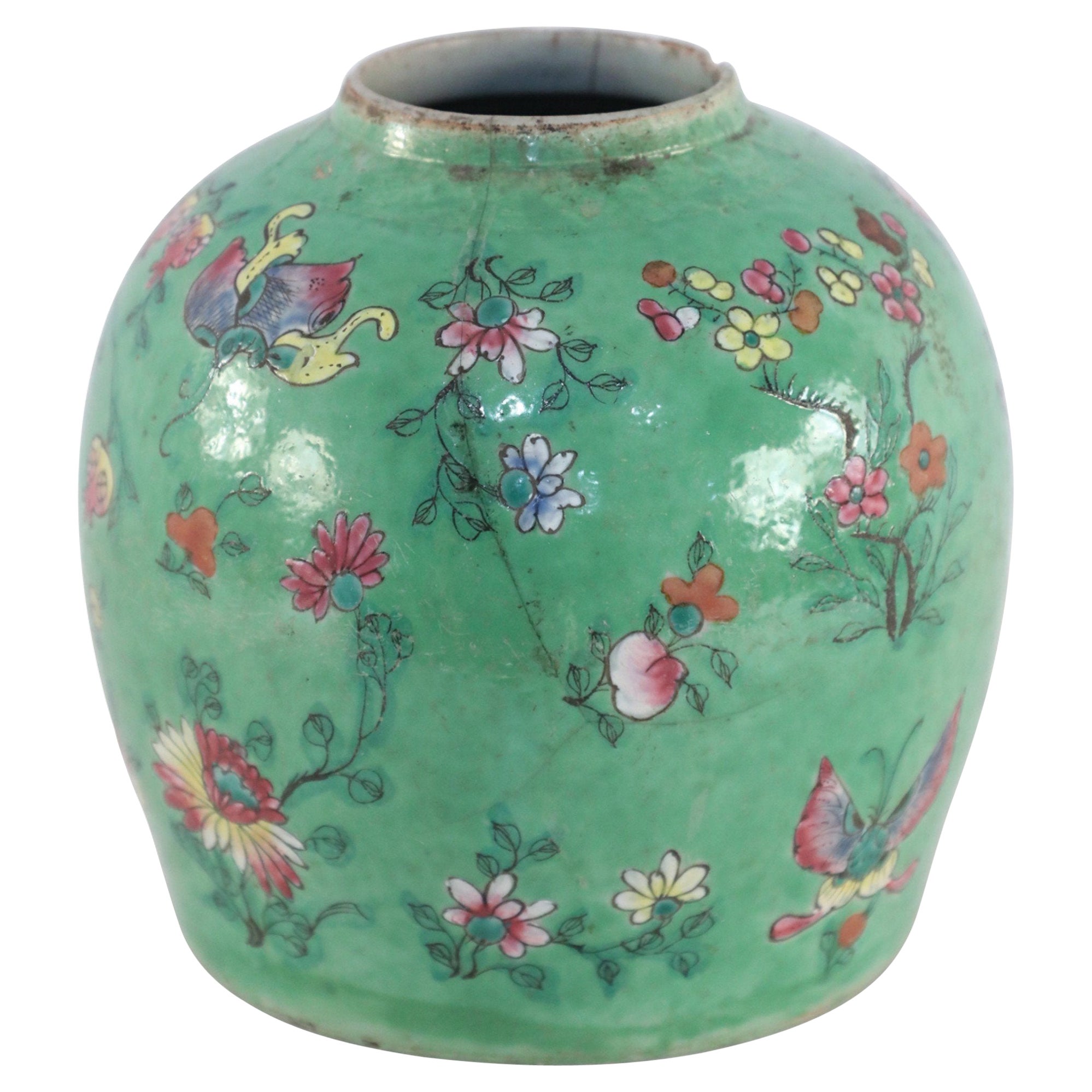 Chinese Green and Floral Porcelain Watermelon Jar