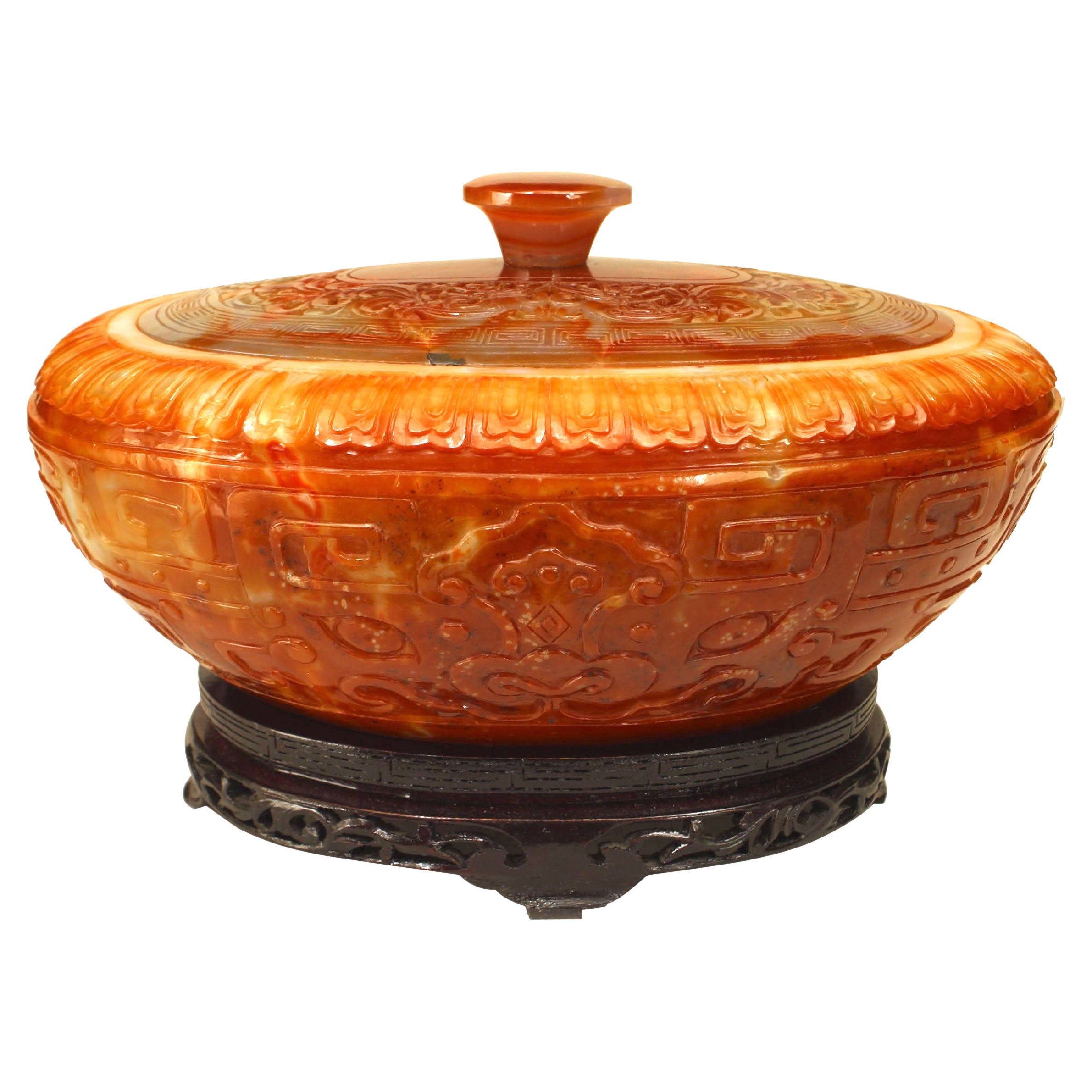 Chinese Rust Agate Bowl with Lid and Stand
