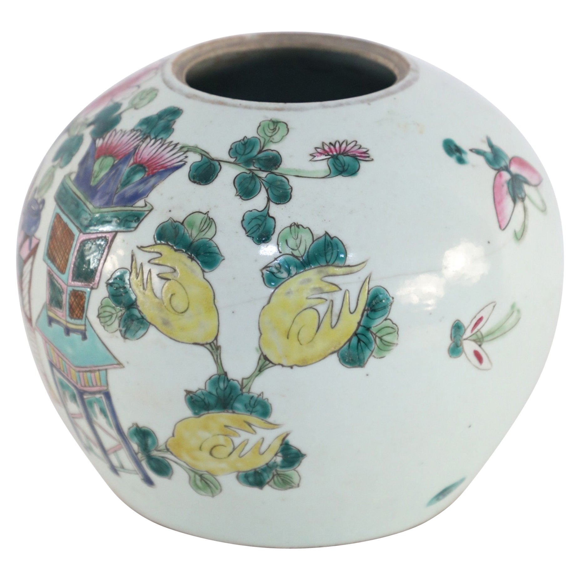 Pot à melon en porcelaine à décorations blanches et multicolores de Chine