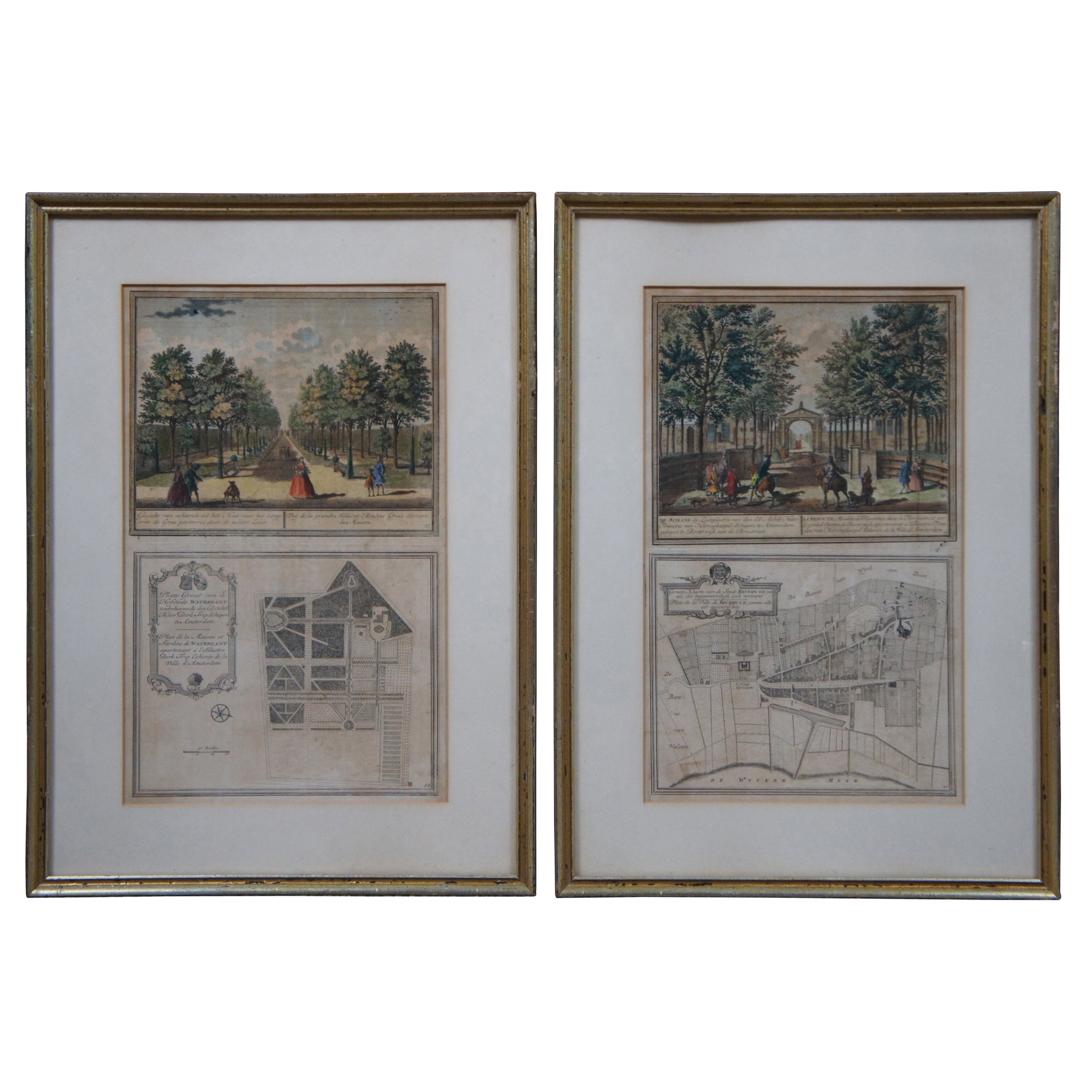 2 Antique Colored Engravings German French Waterlant Beverwyk Landscapes Framed