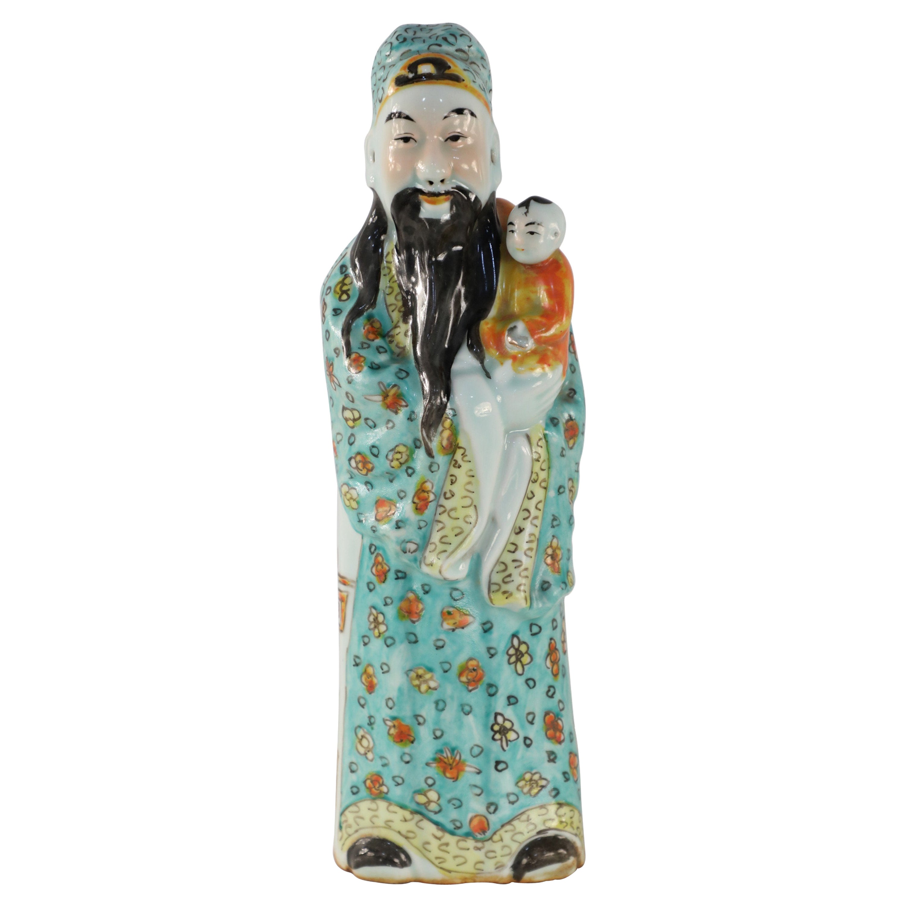 Figurine chinoise en porcelaine Deific en vert et orange « Lu Xing Wealth and Prosperity »