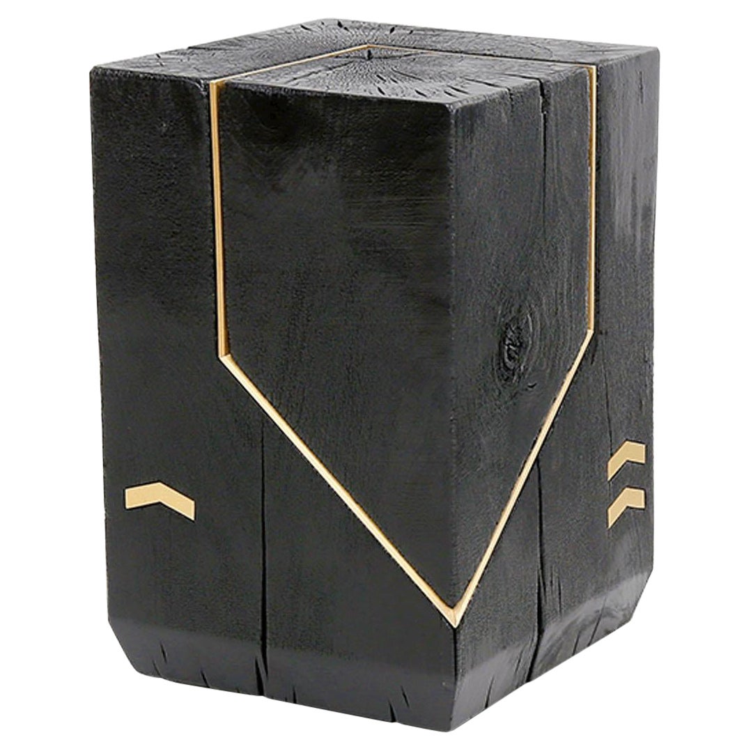 Modern Bespoke Black, Gold Cube Charred Wood Side Coffee Table 