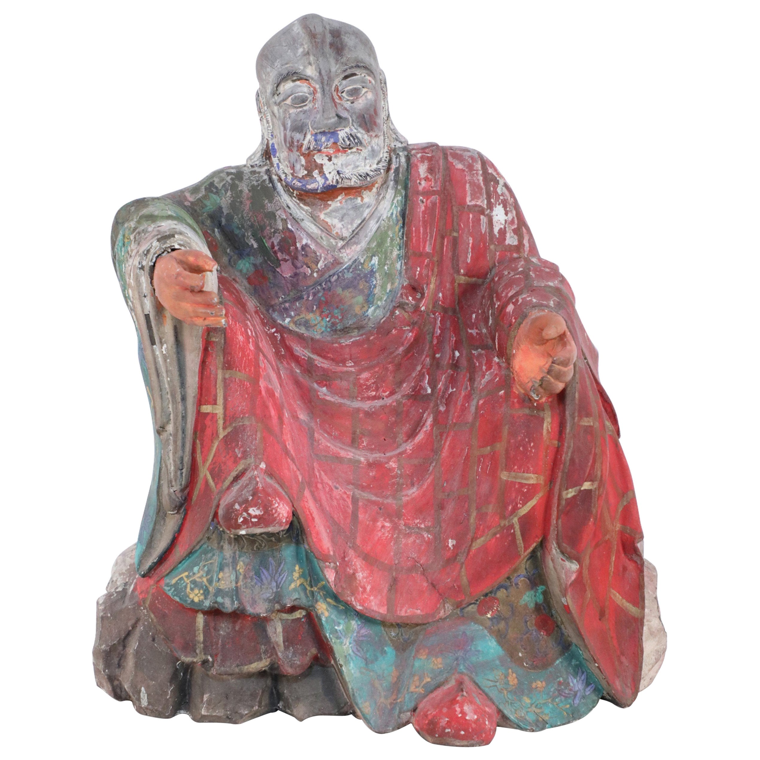 Antike chinesische Buddha-Statue aus bemaltem Ton mit roten Roben, antik