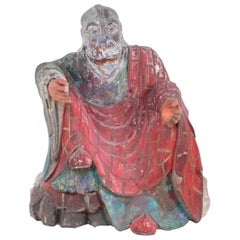 Antique Chinese Painted Clay Buddha Statue with Red Robes