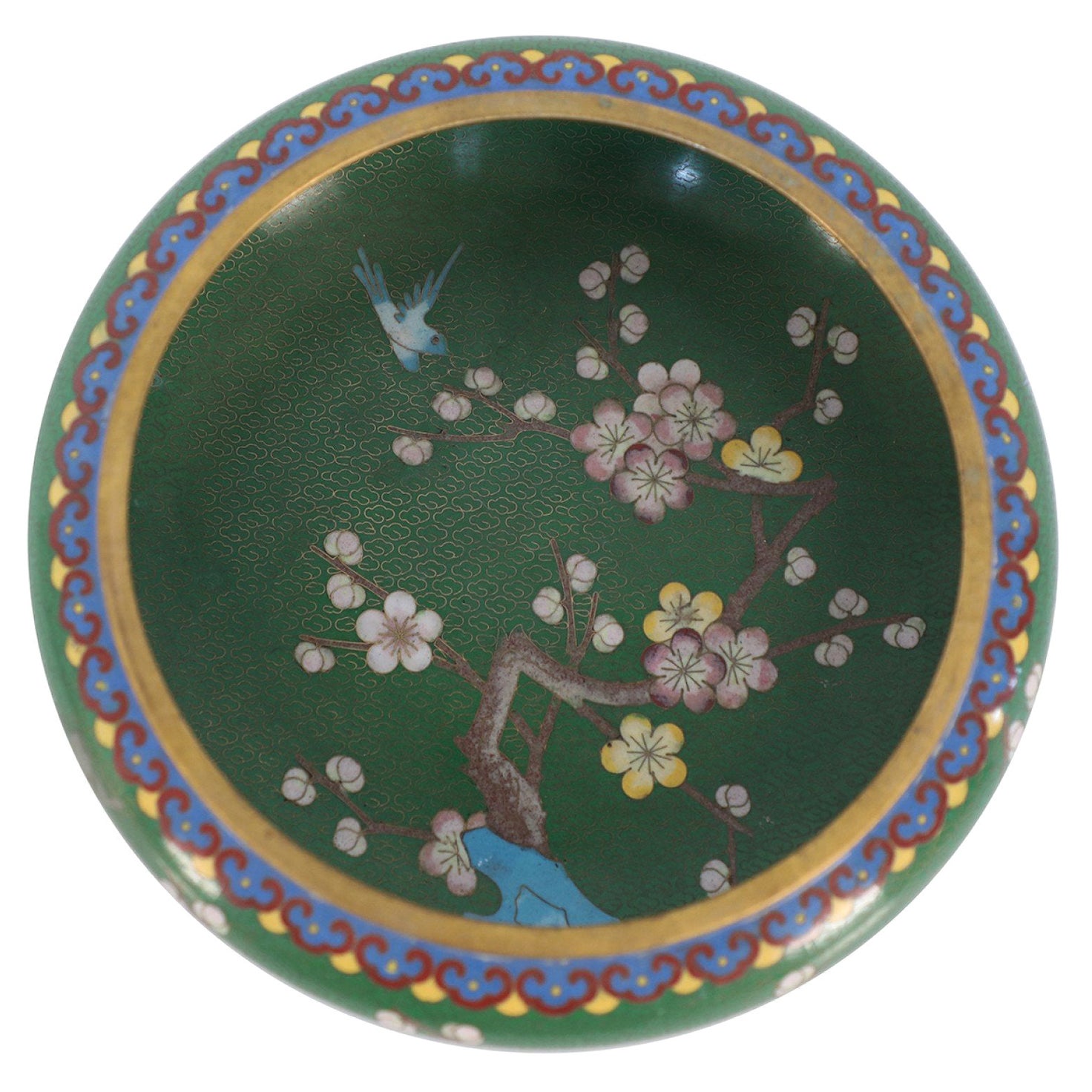 Chinese Green and Cherry Blossom Cloissone Bowl For Sale