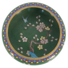 Antique Chinese Green and Cherry Blossom Cloissone Bowl