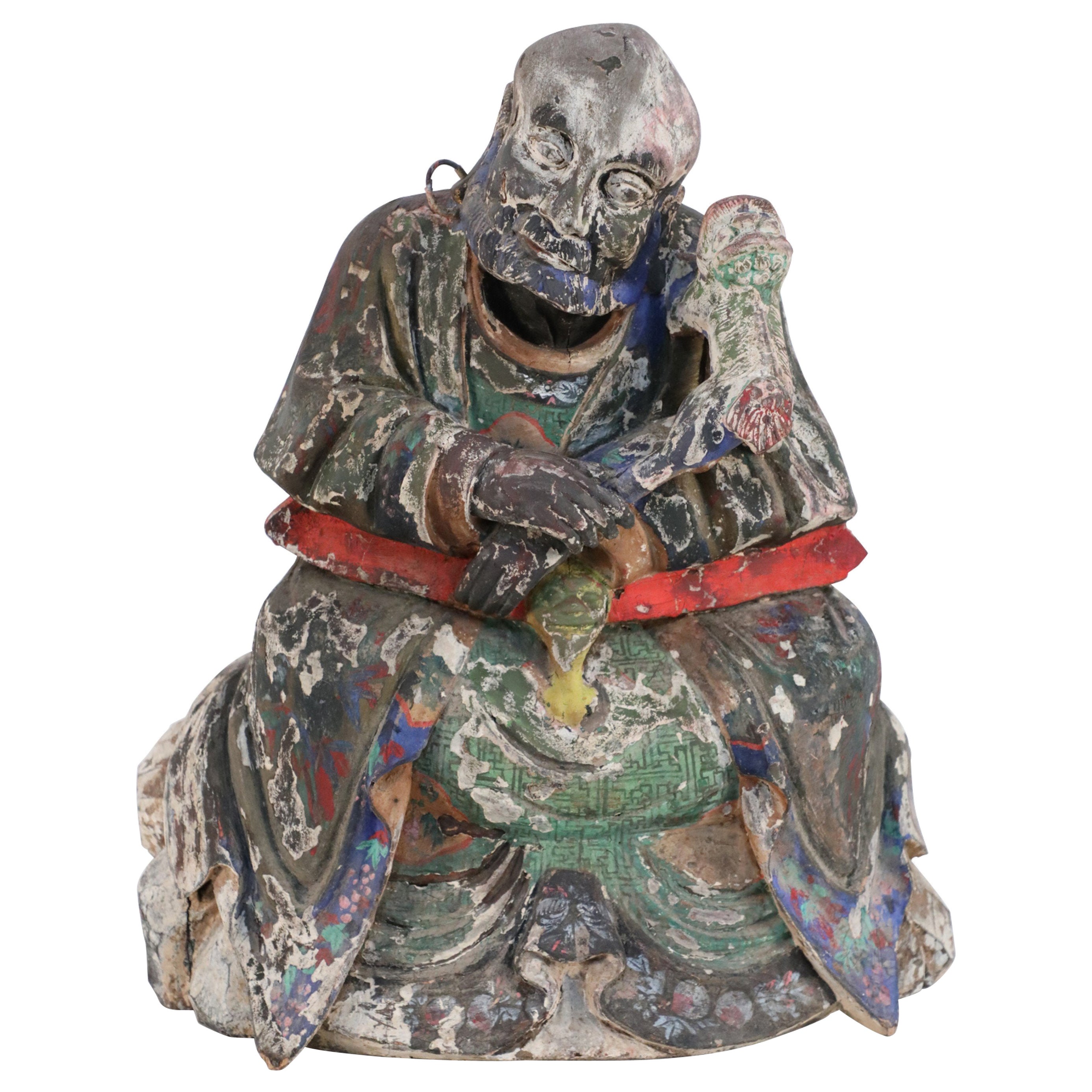 Antique Chinese Painted Clay Buddha Statue For Sale