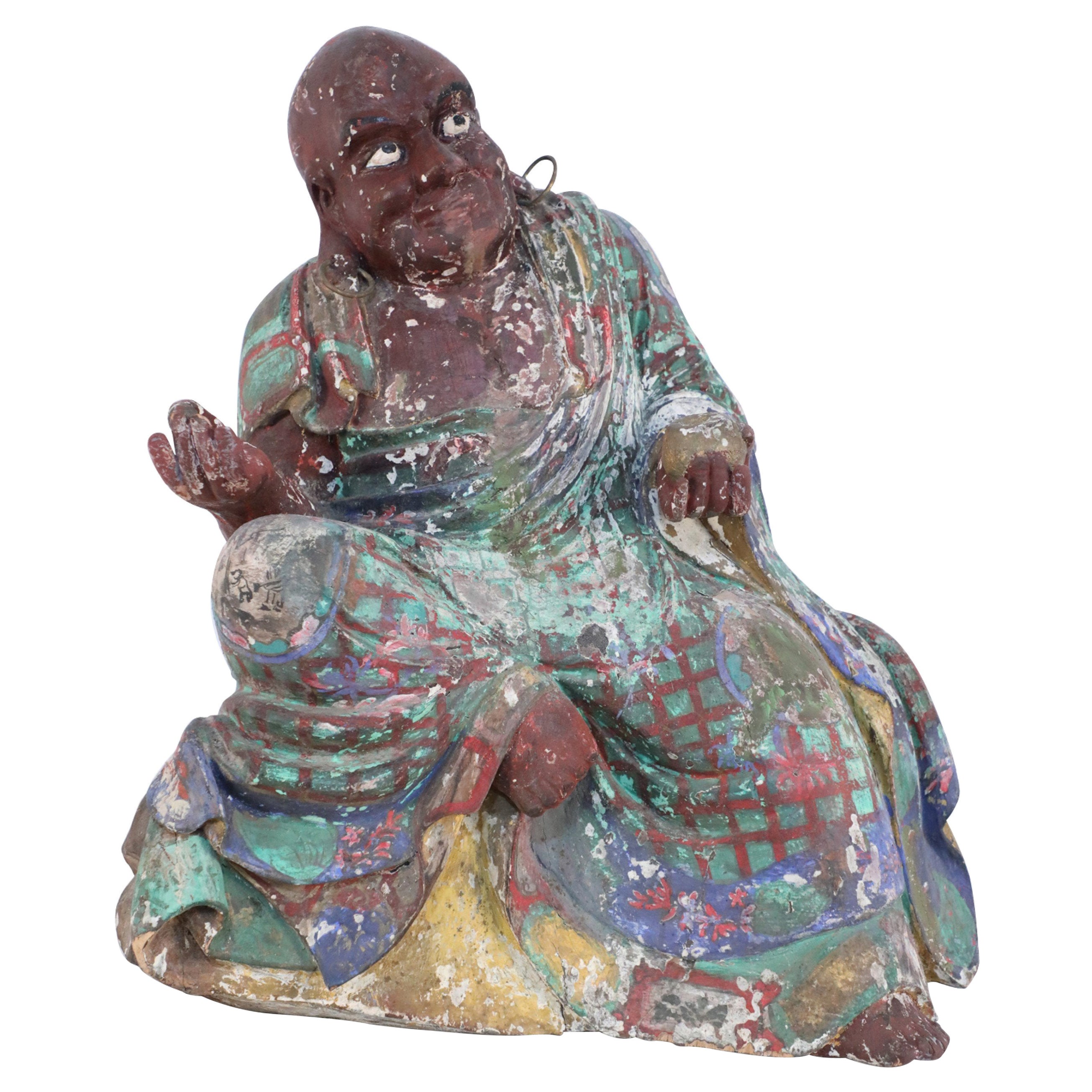 Antique Chinese Painted Clay Buddha Statue with Green and Brown Robes For Sale