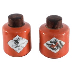 Pair of Chinese Orange Lidded Porcelain Jars