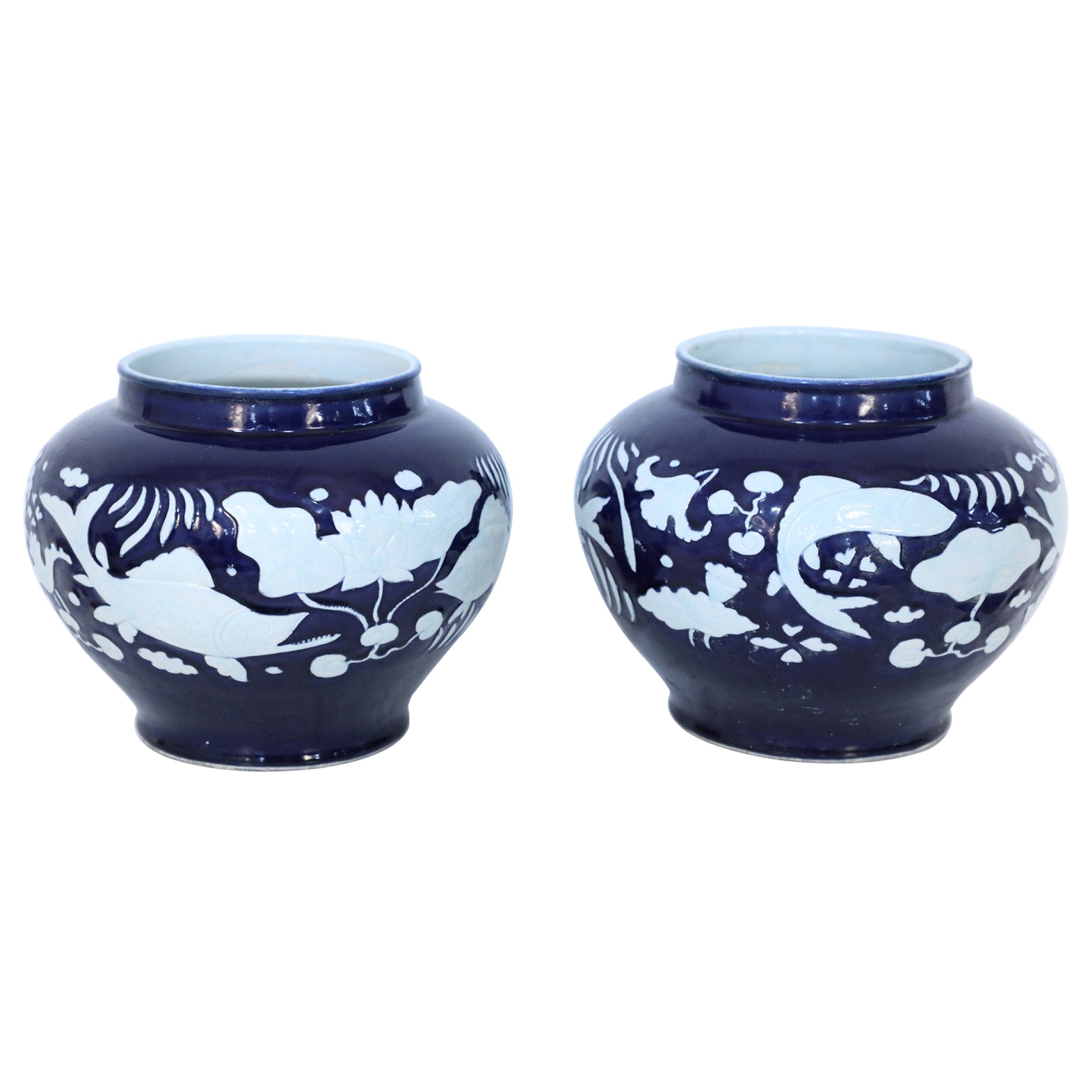 Pair of Chinese Blue and White Underwater Motif Porcelain Pots