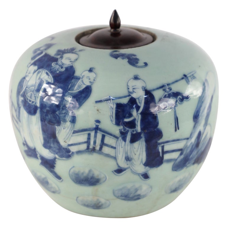 Chinese Celadon and Blue Figurative Lidded Porcelain Ginger Jar For Sale