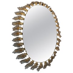 20th Century, Italian Oval Brass and Flowers Mirror, 1950s