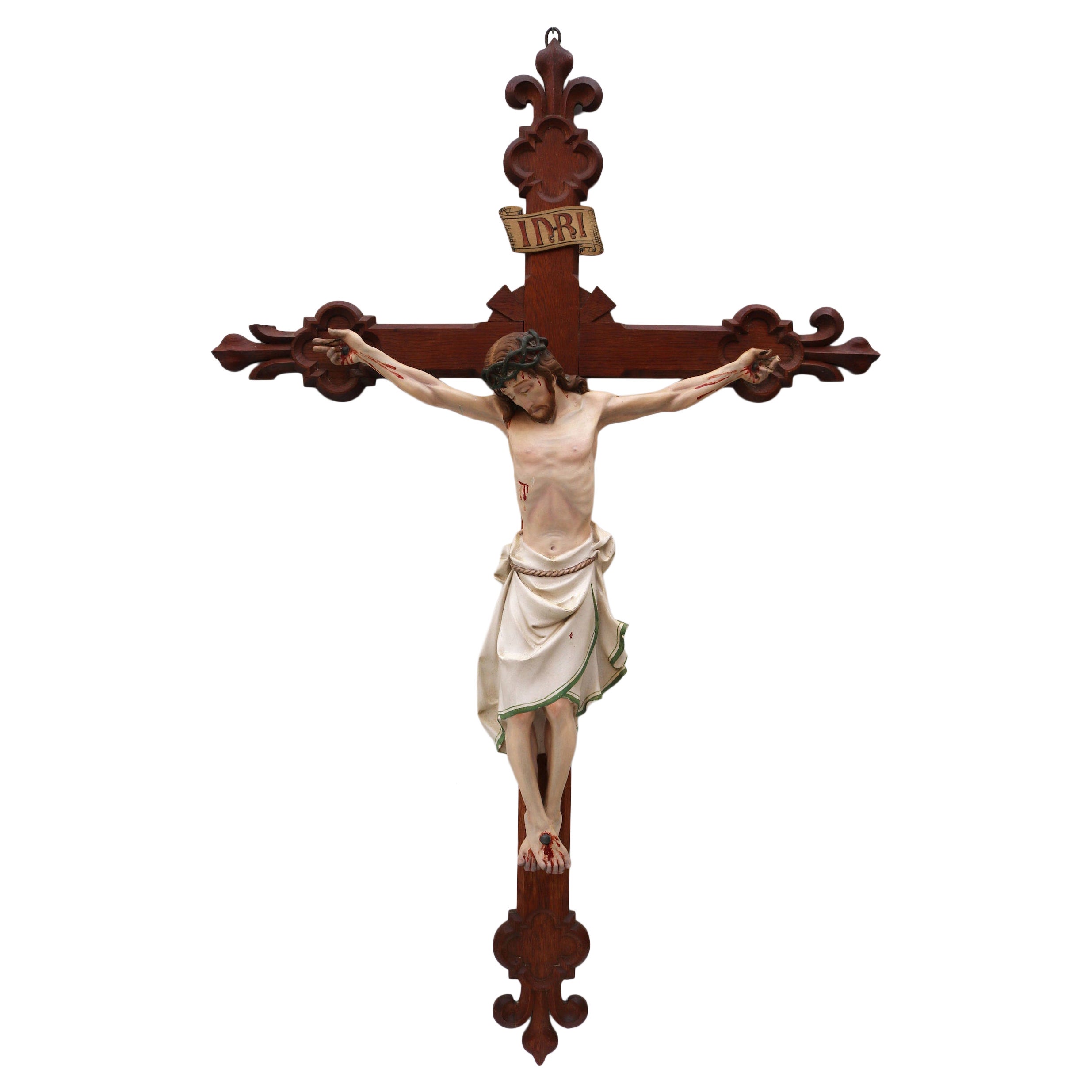 Grand crucifix français ancien du 19ème siècle, Fleur de Lis Corpus, peint