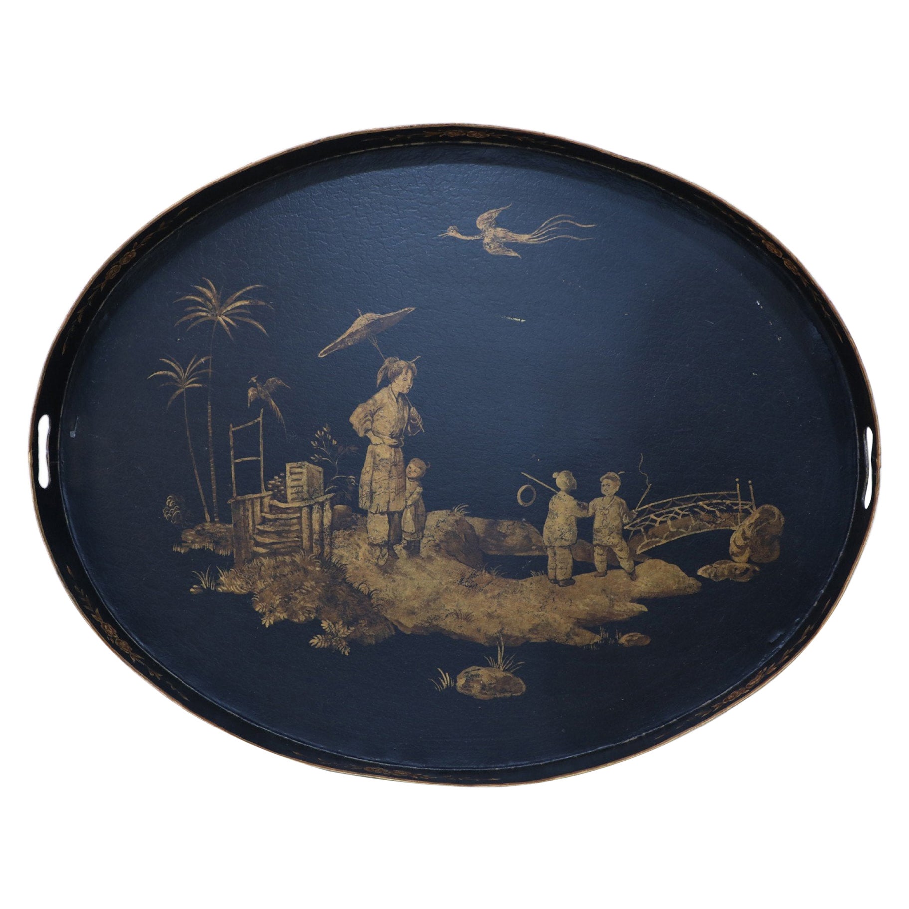 Vintage Chinese Oval Tole Black and Gold Pastoral Scene Tray For Sale