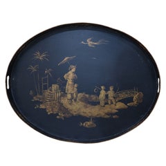 Antique Chinese Oval Tole Black and Gold Pastoral Scene Tray