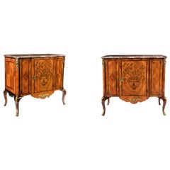 Antique Fine Pair of 19th Century Gilt Bronze Tulipwood Marquetry Marble-Top Commodes