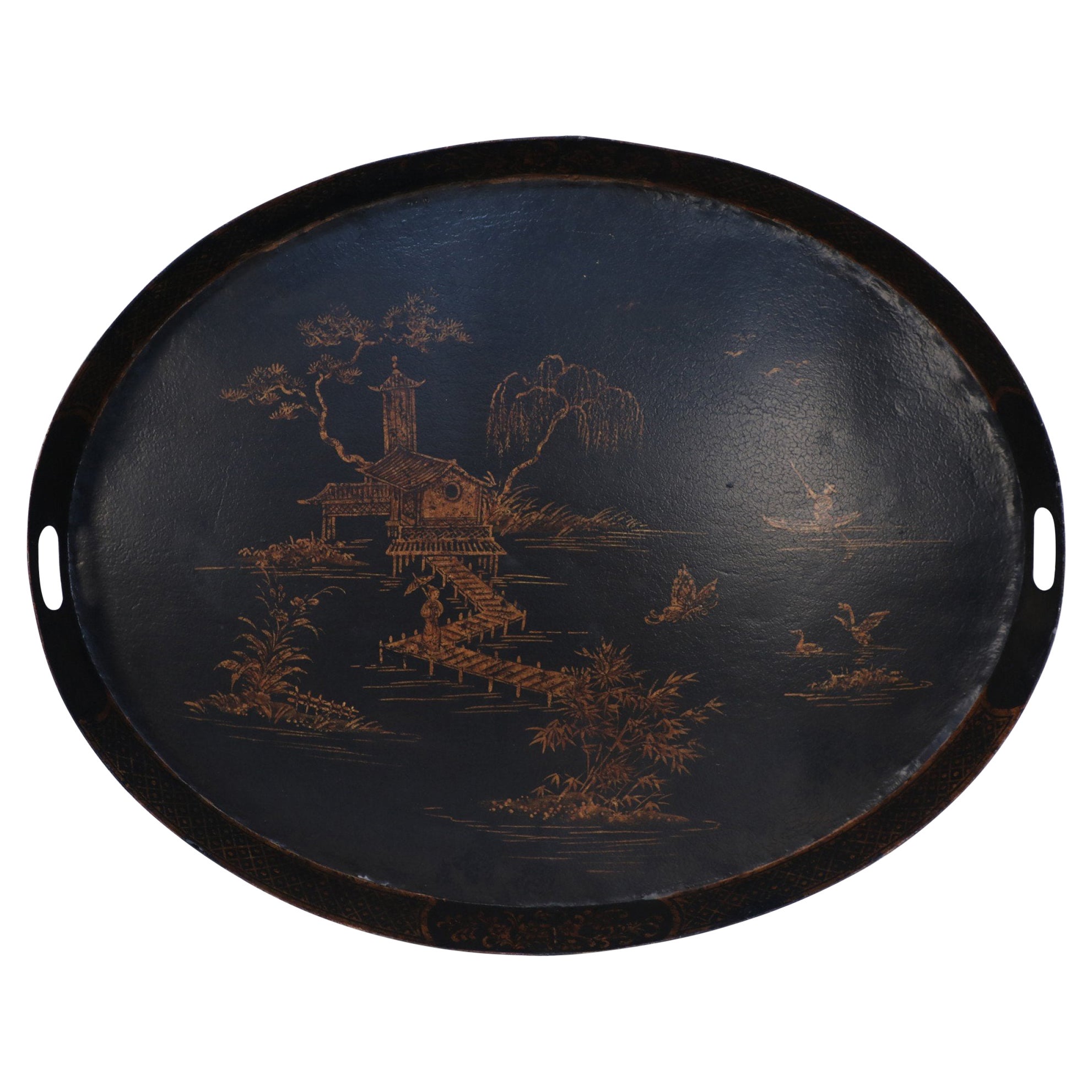 Vintage Chinese Black and Gold Tole Lake Scene Oval Tray For Sale