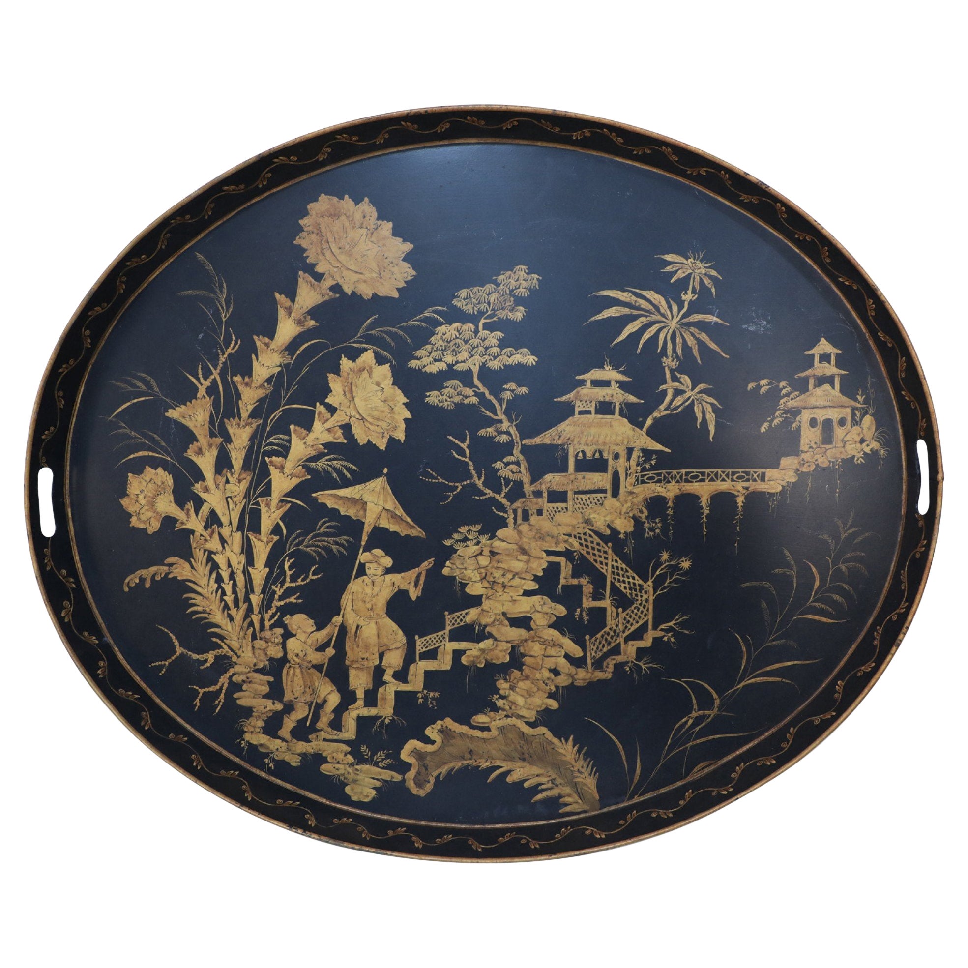 Vintage Chinese Oval Black and Gold Tole Floral Walkway Design Tray For Sale