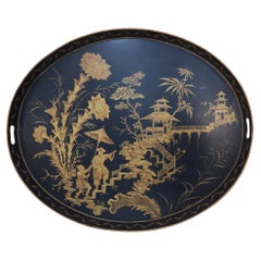 Bandeja ovalada china vintage con diseño floral de topos negros y dorados