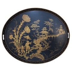 Vintage Chinese Oval Black and Gold Tole Floral Walkway Design Tray