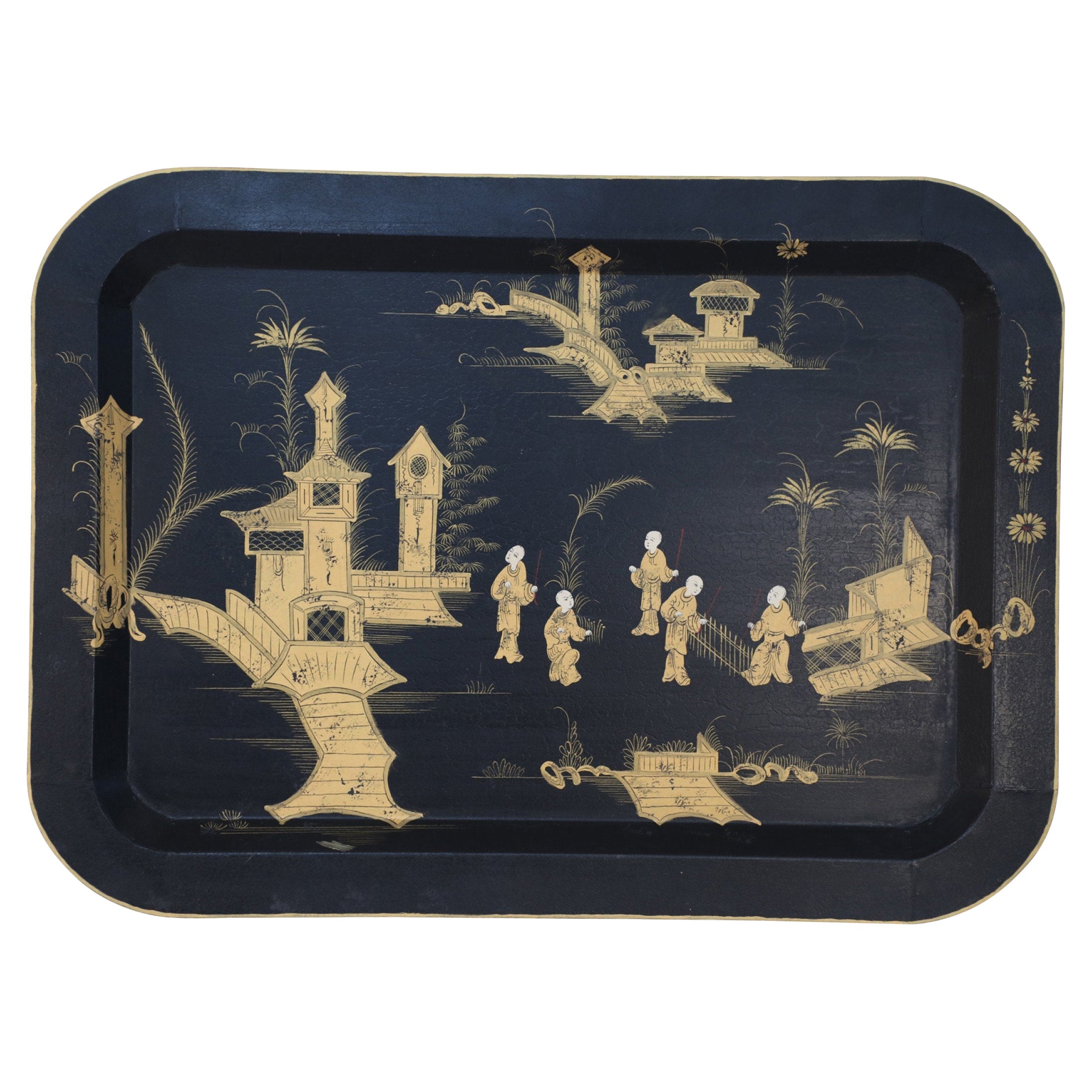 Vintage Chinese Rectangular Tole Black and Gold Monestary Scene Tray For Sale