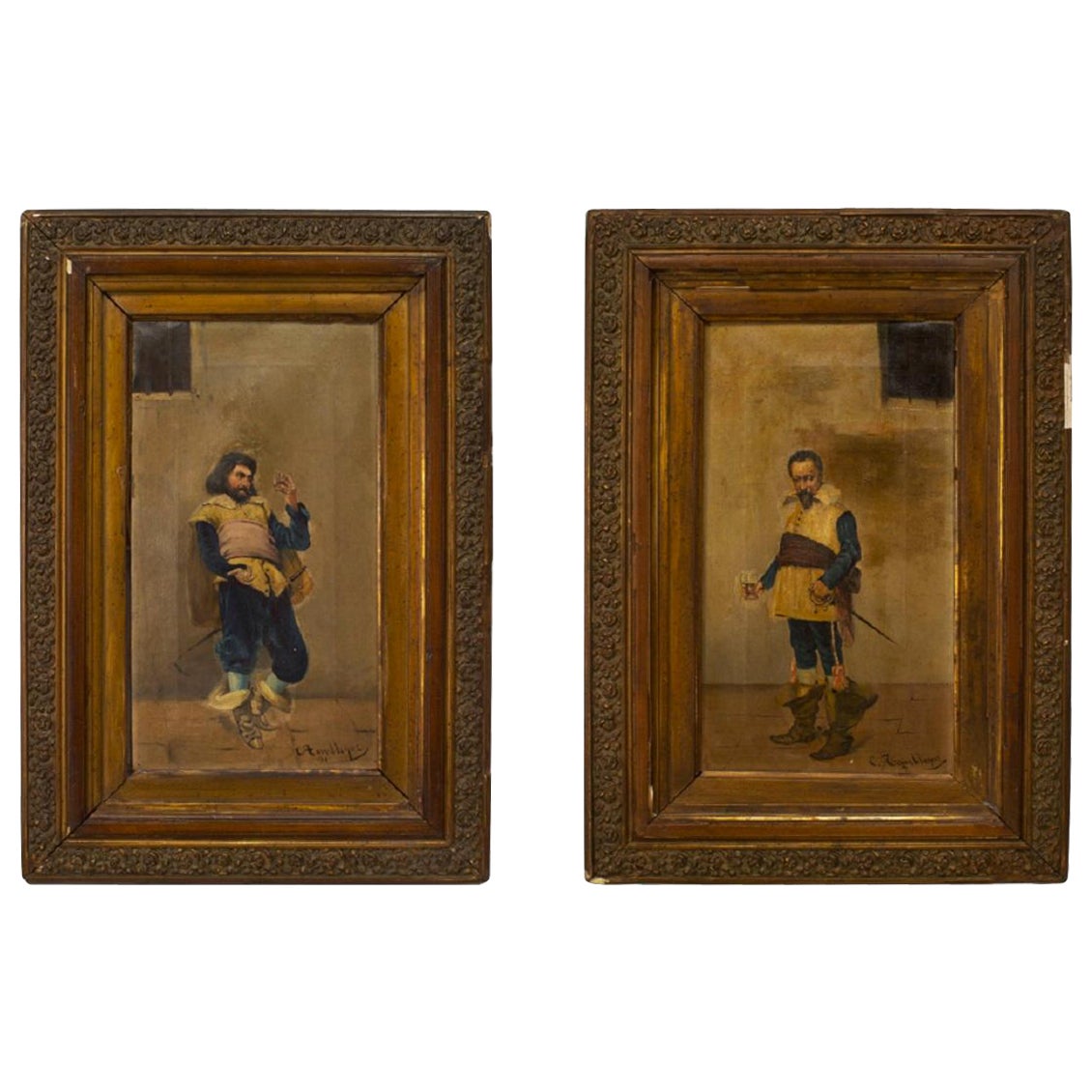 Pair of French Victorian Oil Paintings of Standing Cavaliers For Sale