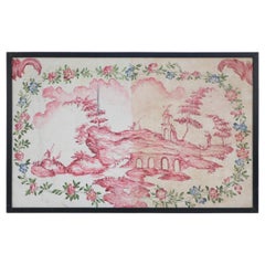 Framed Pink and Green Painted Panel Depicting a Chinese Landscape