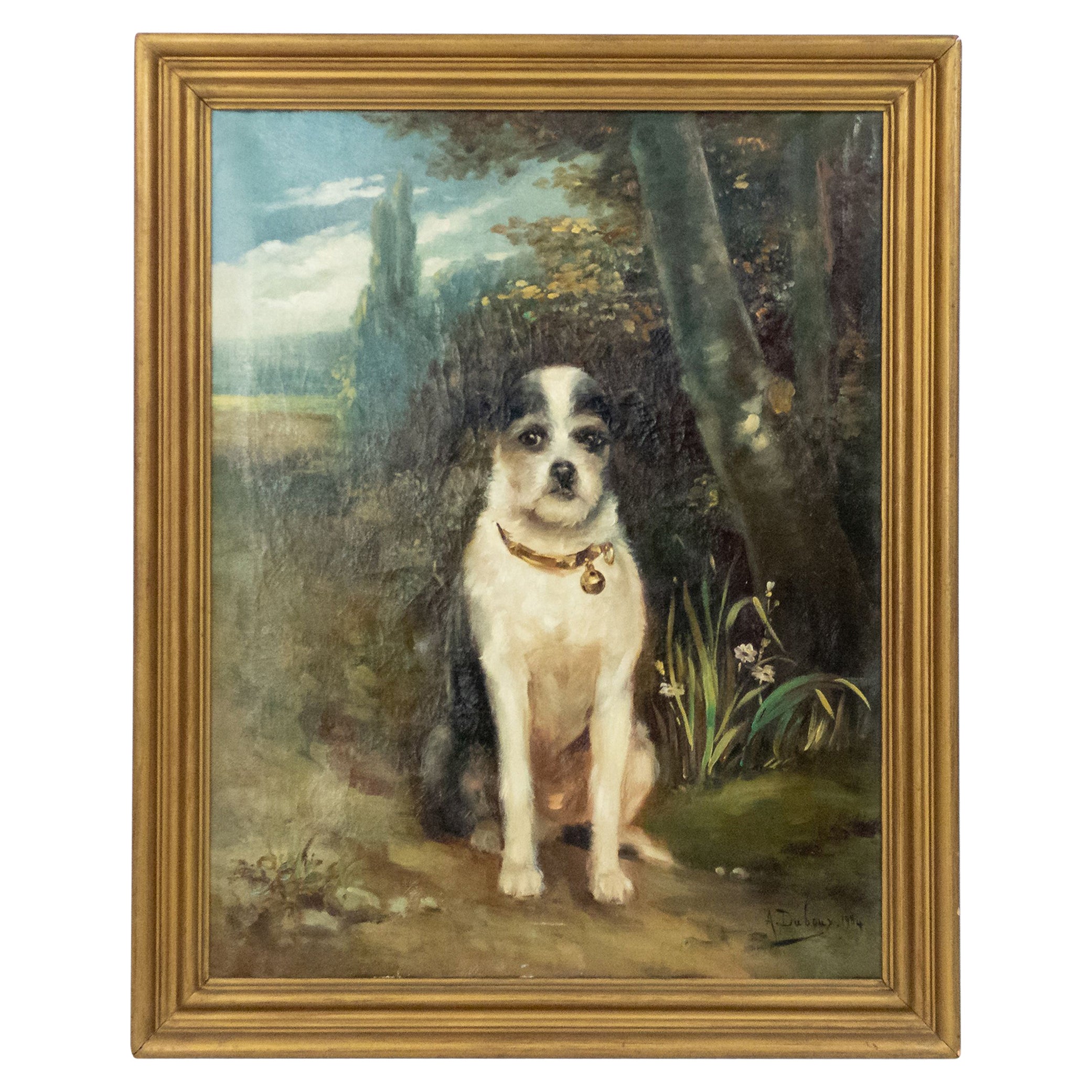 Peinture à l'huile française du 19ème siècle représentant un terrier victorien, signée