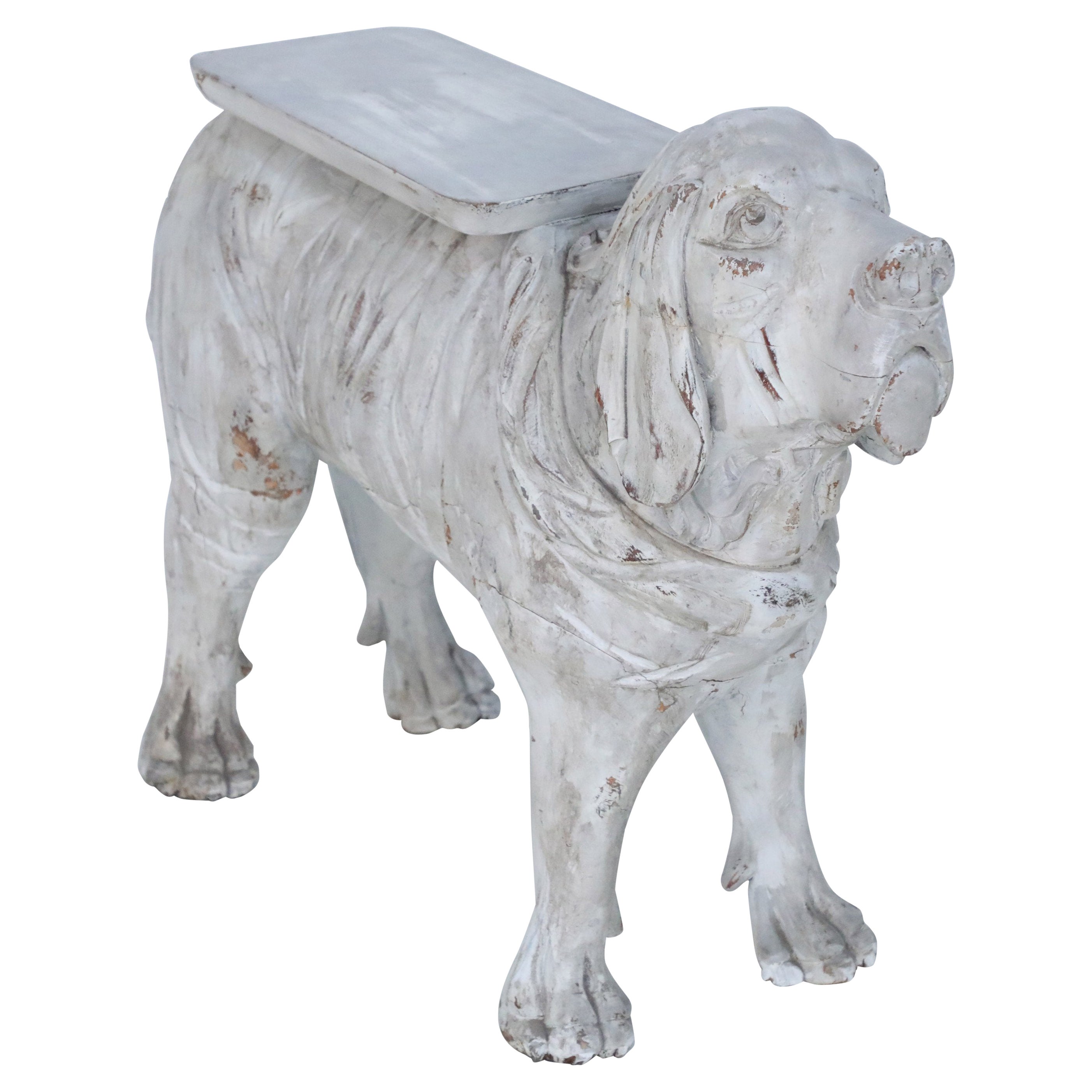 Chinesischer weiß gewaschener geschnitzter Holz-Gartensitz mit Hund, Chinesisch