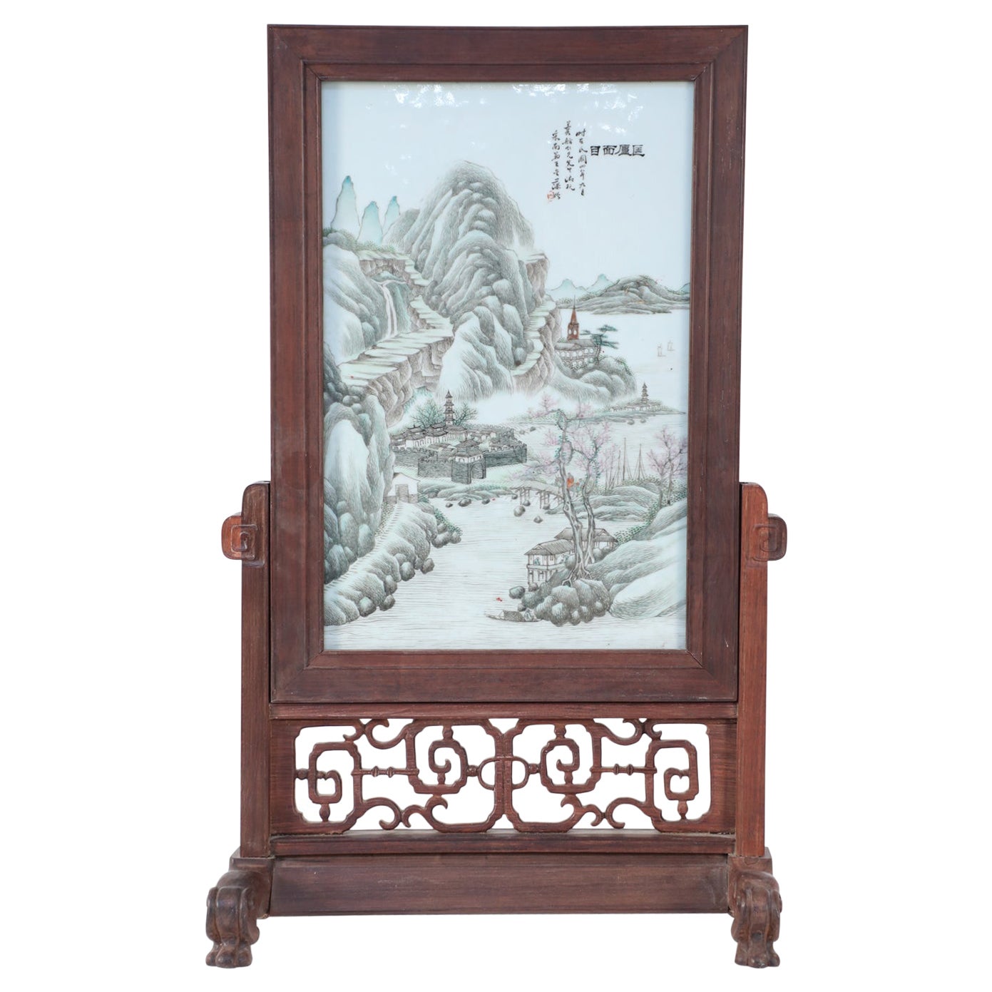 Miroir de coiffeuse chinois ancien en bois et plaque de porcelaine peinte