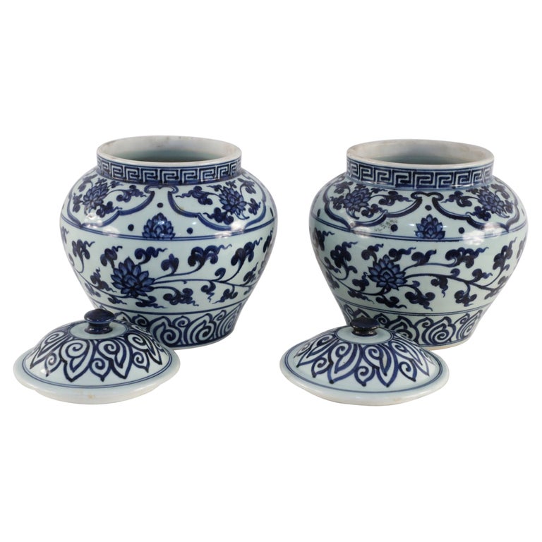 Pair of White and Blue Pattern Lidded Porcelain Ginger Jars For Sale
