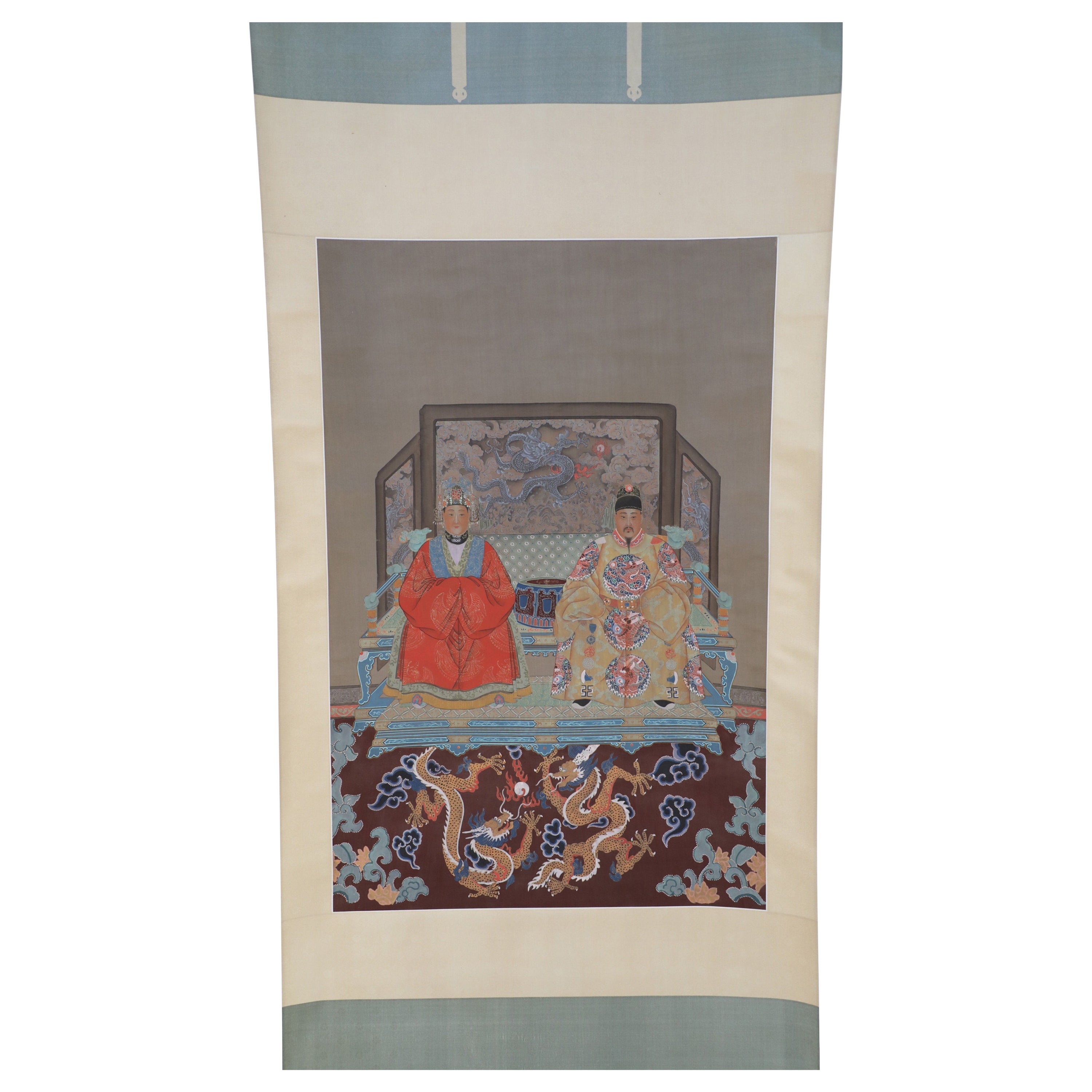 Chinese Ming Dynasty Style Paper and Silk King and Queen Portrait Hanging Scroll