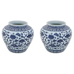 Pair of Chinese White and Blue Floral Porcelain Pots