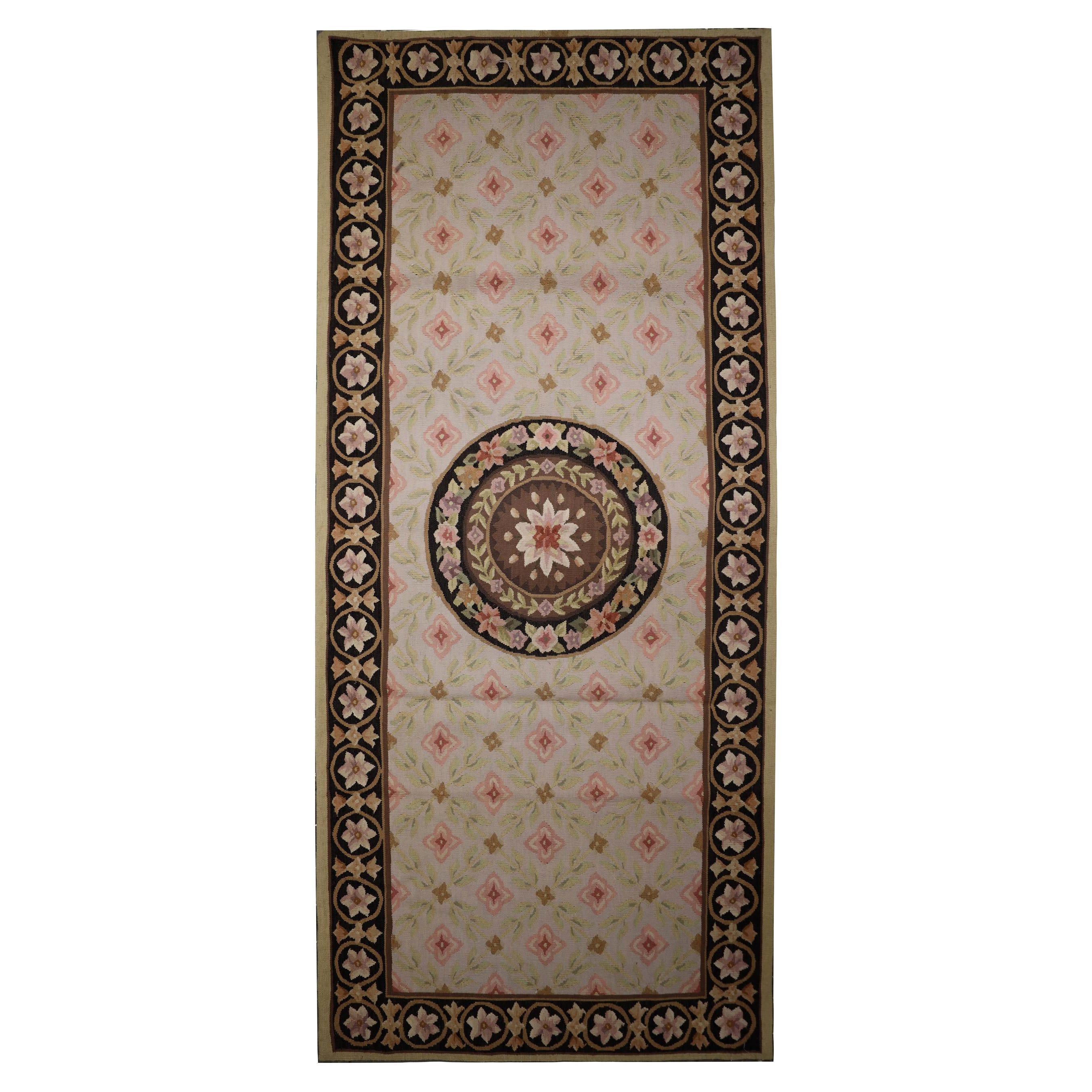 Beige Needlepoint Runner Rug Handwoven Traditional Floral Area Rug For Sale