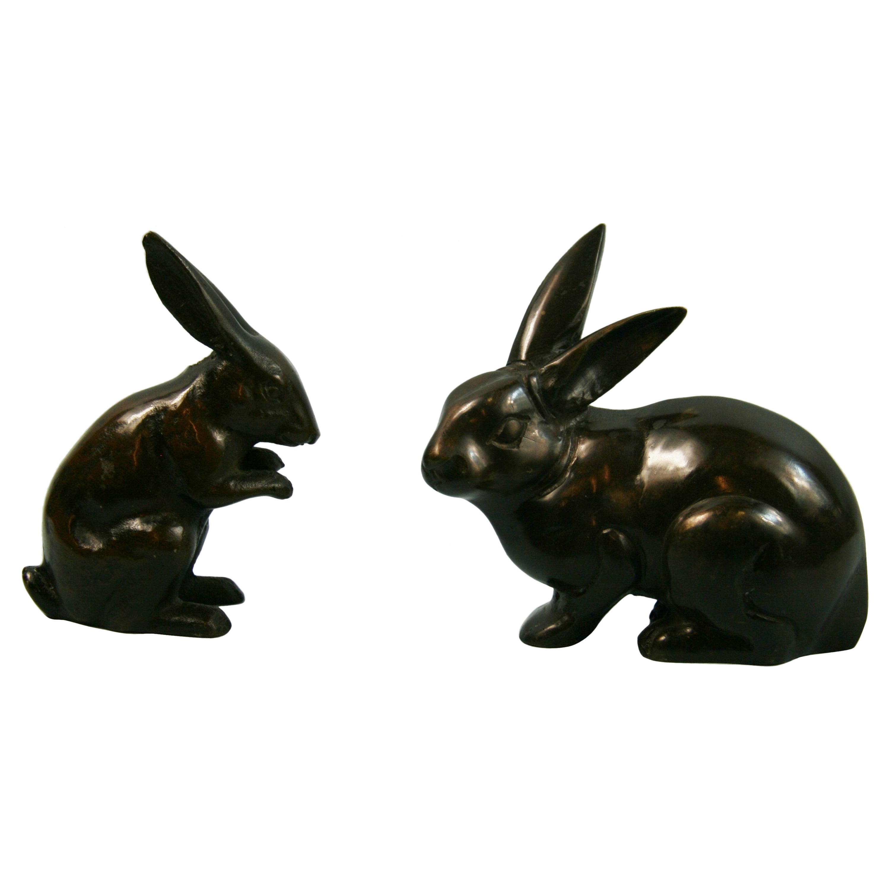 Pair Japanese Hand Cast Playful Garden Rabbits from Old Japan