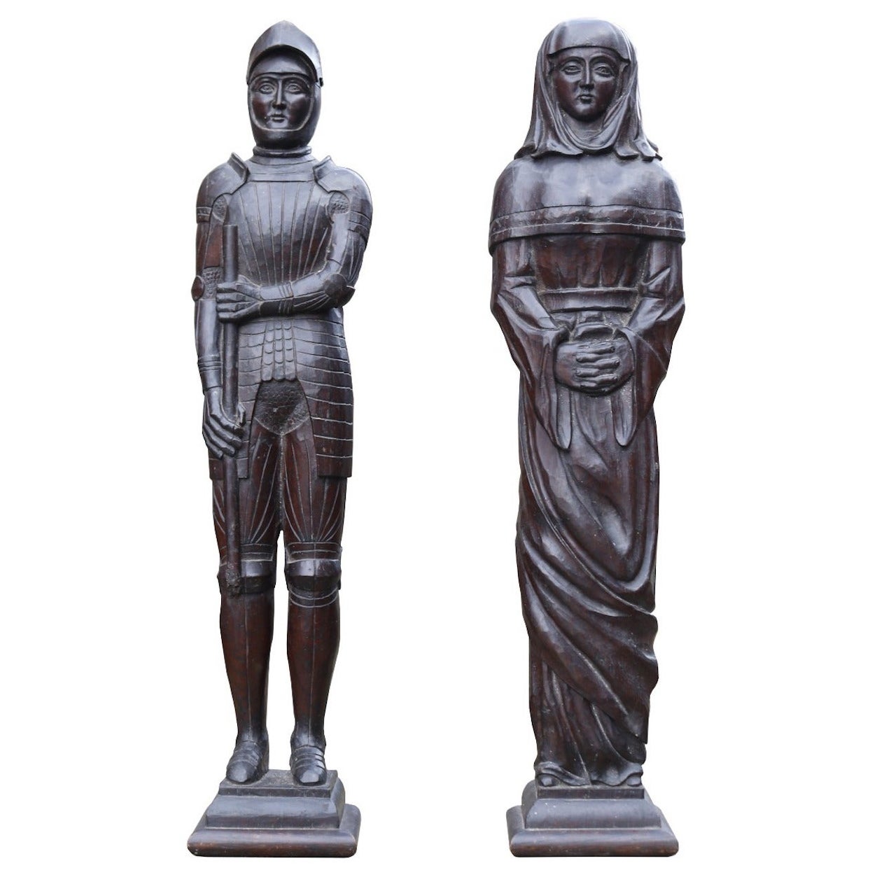 Paar antike, handgeschnitzte Eichenholzfiguren