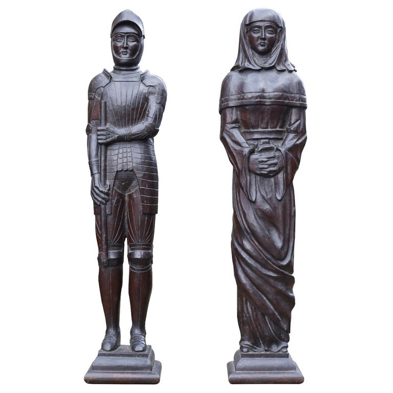 Pair of Antique Hand Carved Oak Figures For Sale at 1stDibs