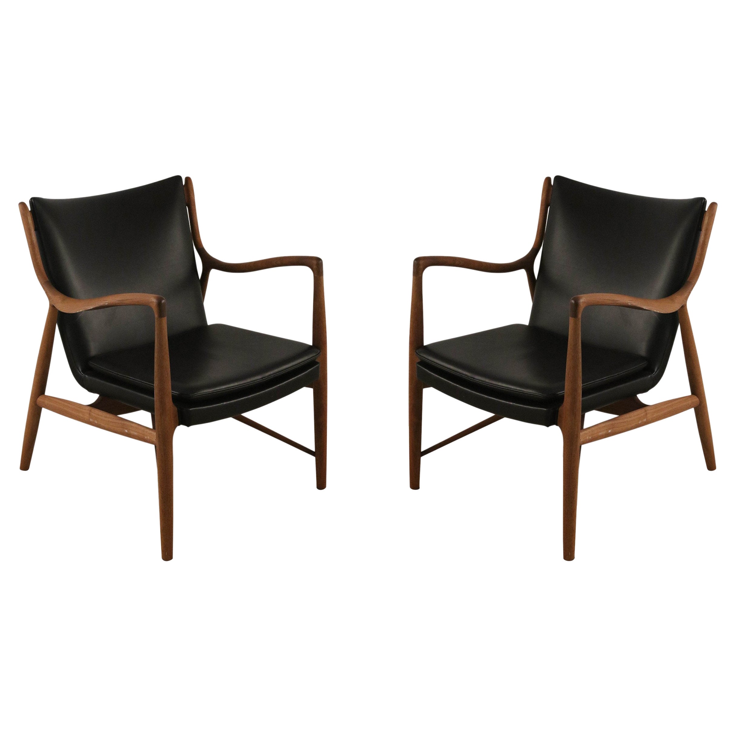 Pair of Finn Juhl Mid-Century Danish Teak and Black Leather 45 Armchairs