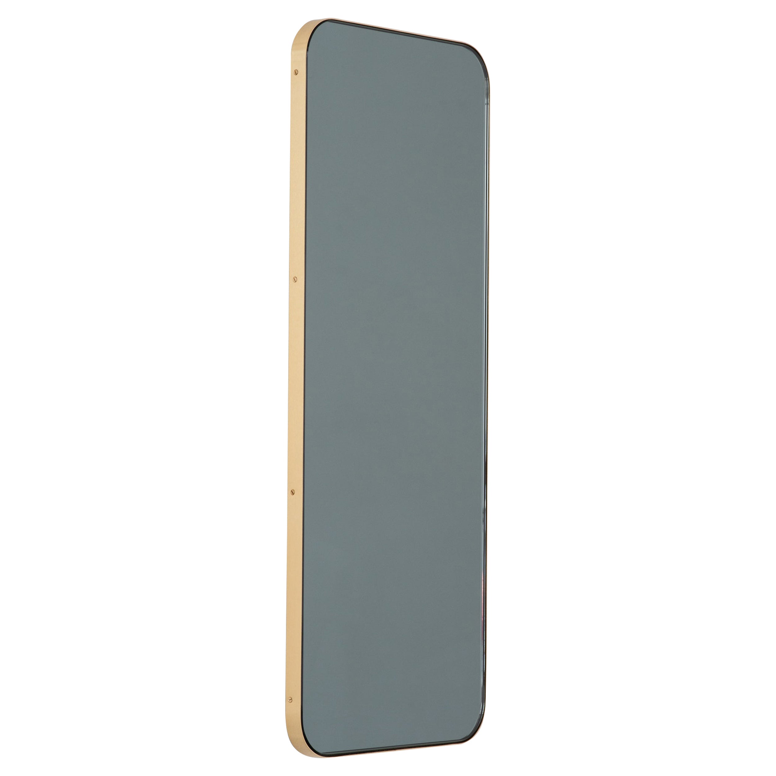 Quadris Black Tinted Rectangular Contemporary Mirror with a Brass Frame, Medium For Sale
