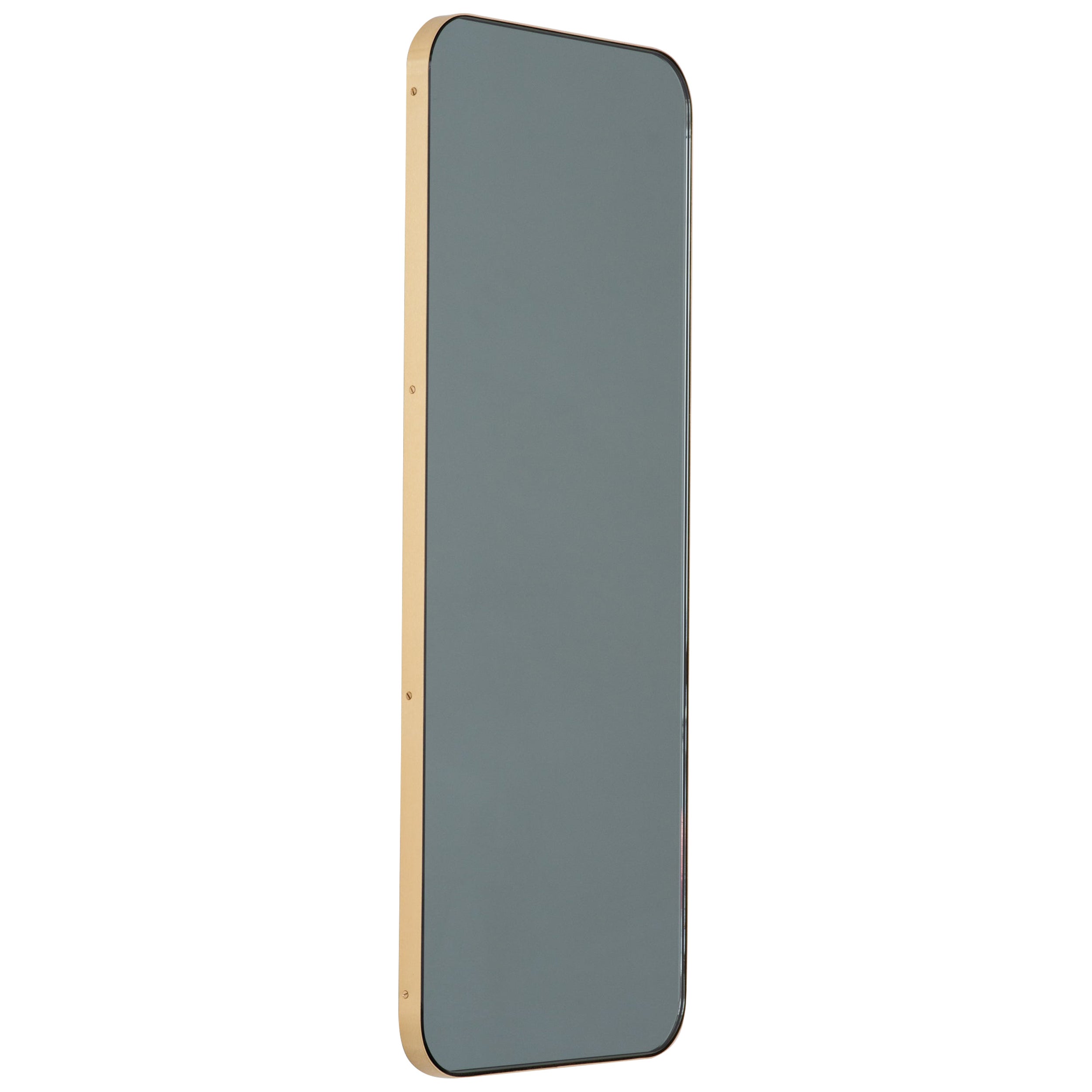 Quadris Black Tinted Rectangular Contemporary Mirror with a Brass Frame, Large For Sale