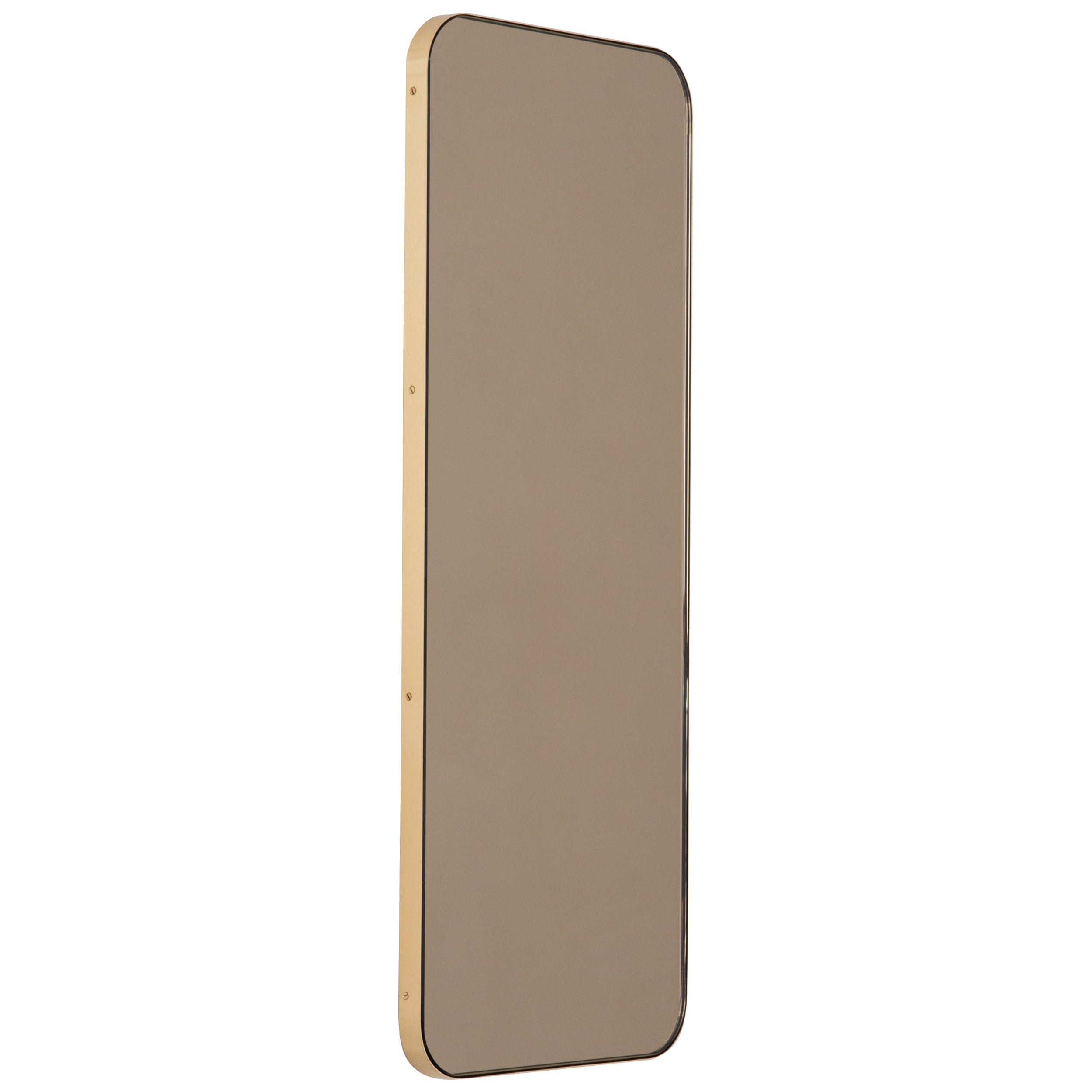 Quadris Bronze Tinted Rectangular Contemporary Mirror with a Brass Frame, Large For Sale