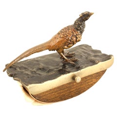 Antique 2-Piece French Victorian Bronze Pheasant Inkwell