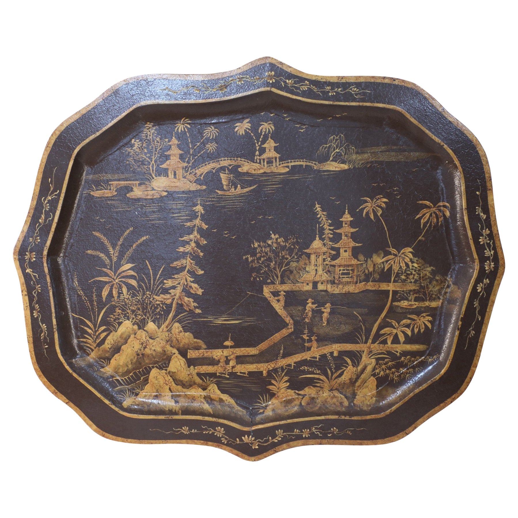 Vintage Chinese Brown and Gold Tole Serving Tray with Lake Scene For Sale