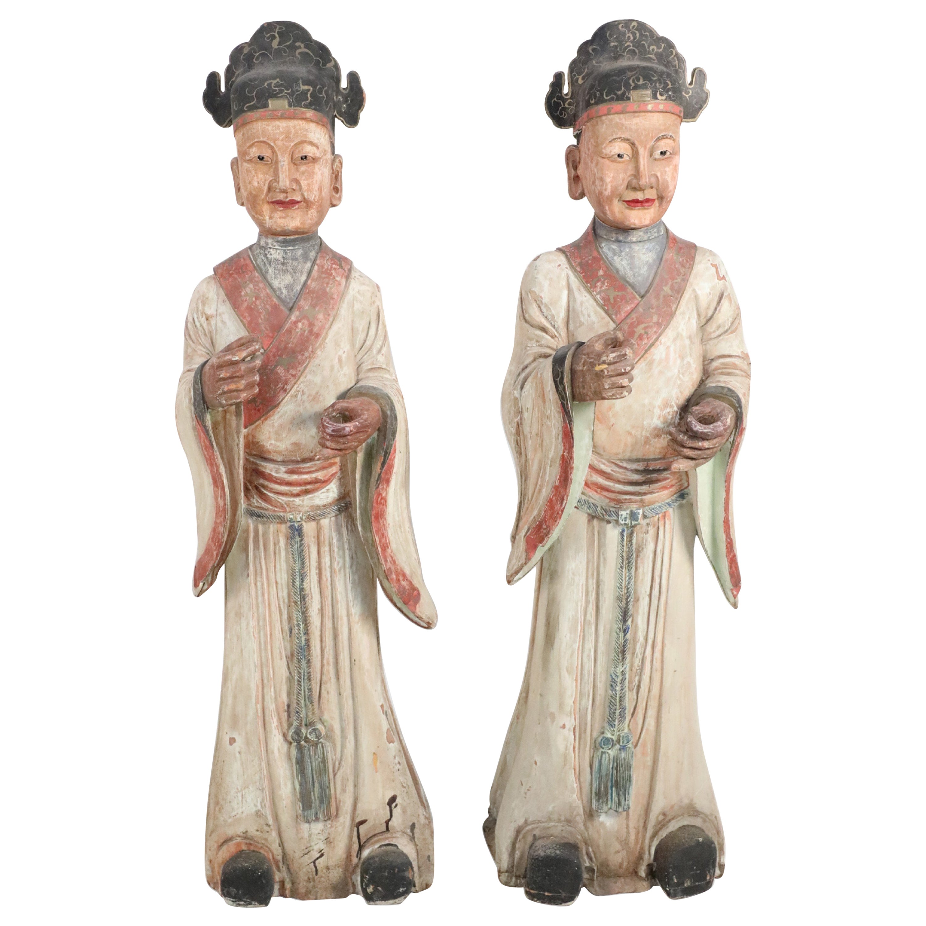 Pair of Chinese Wooden Civil Officer Statues For Sale