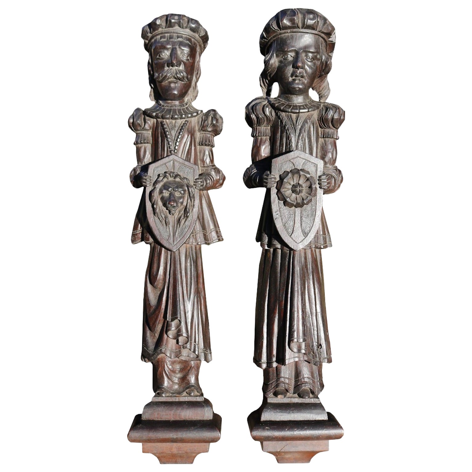 Two 18th Century Hand Carved Oak Figuresa Pair of Antique English Carved Oak Fig For Sale