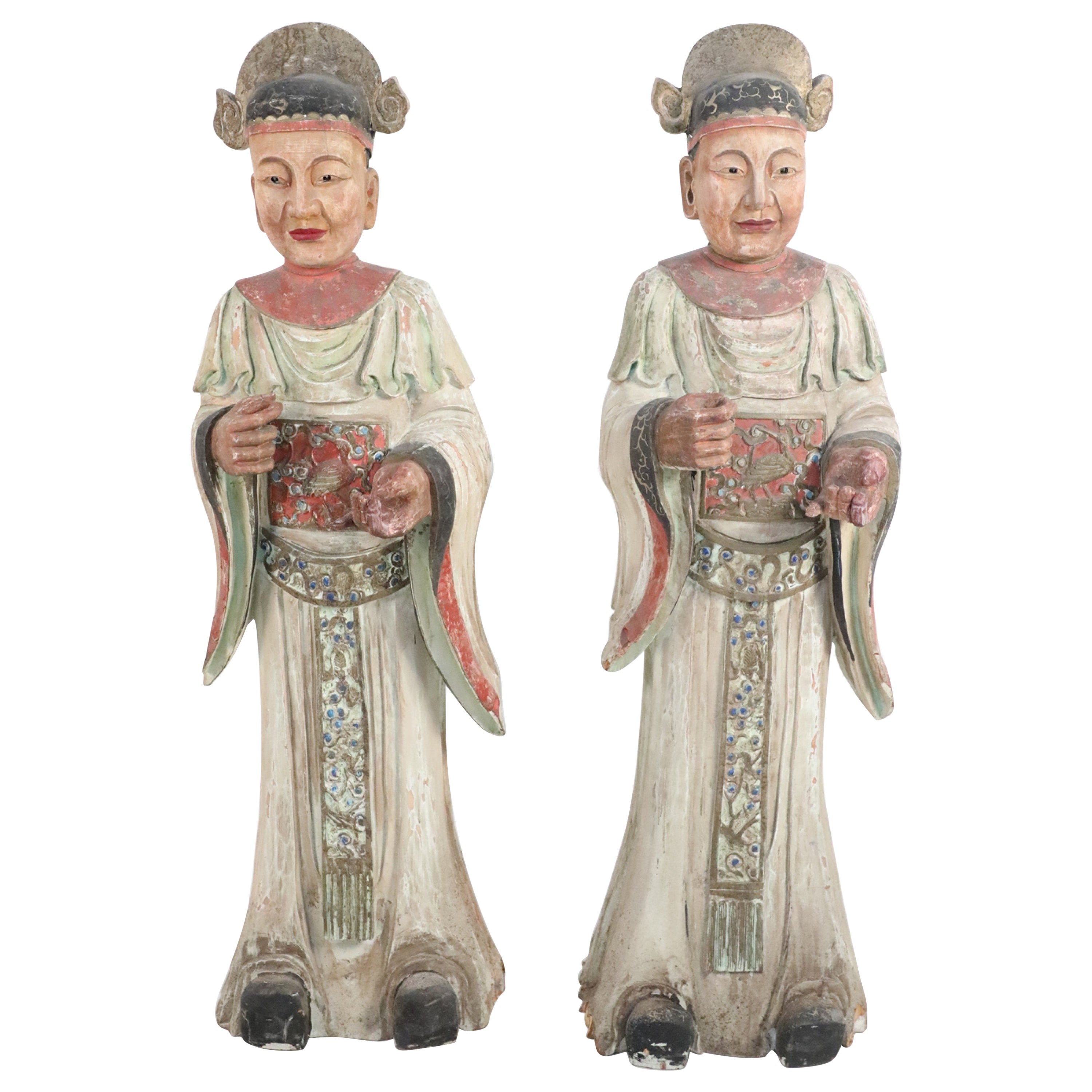 Pair of Chinese Carved Wood Civil Officer Statues